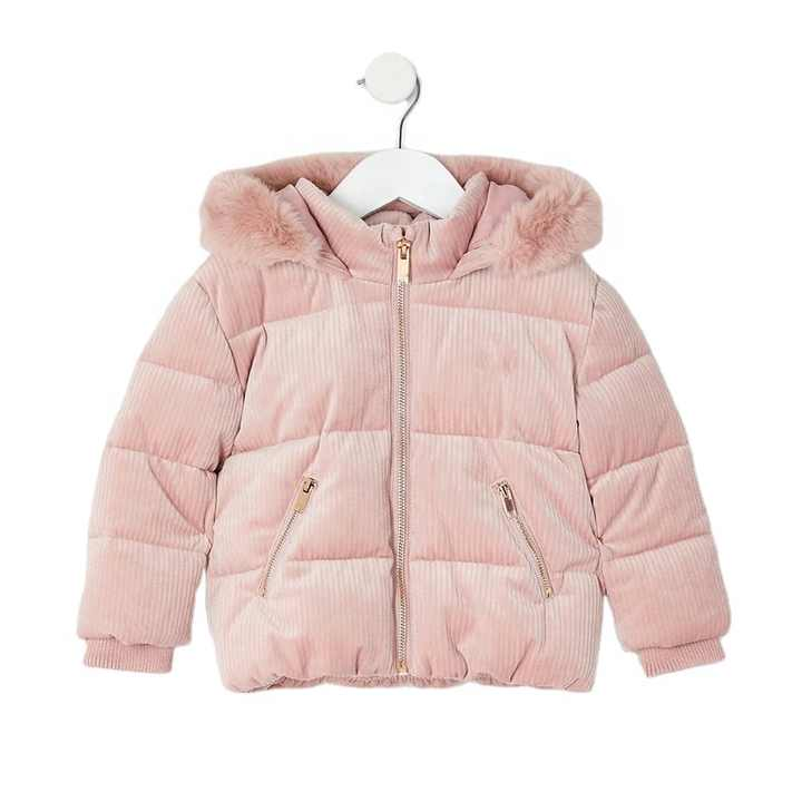 girls pink  padded coat with detachable faux fur