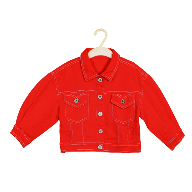 Fashion Flap Slant Pocket Loose 100% Cotton Red Denim Jacket for Girls