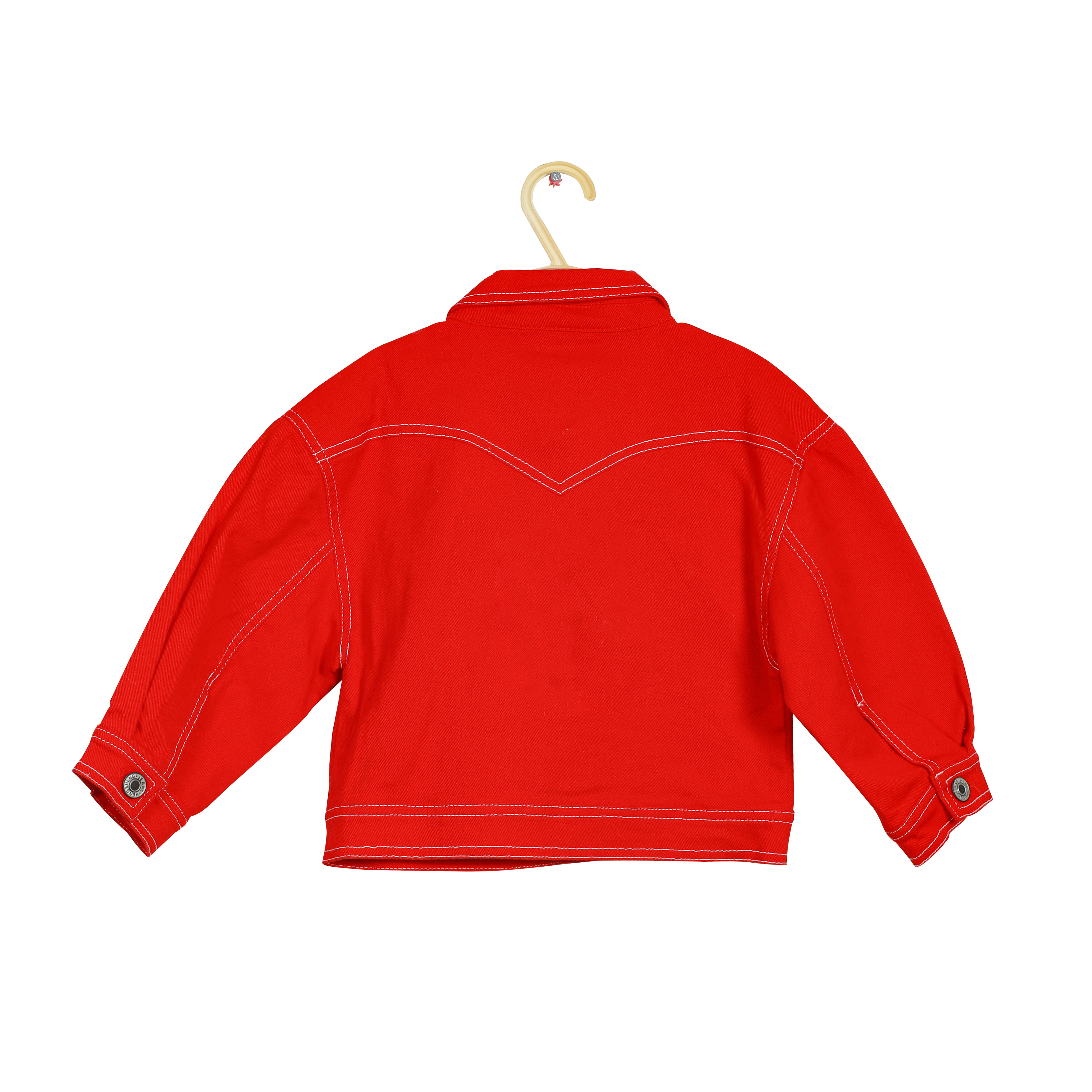 Fashion Flap Slant Pocket Loose 100% Cotton Red Denim Jacket for Girls