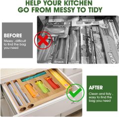 6 IN1 Bamboo Foil and Plastic Wrap Dispenser with Cutter for Kitchen Drawer