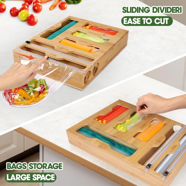 6 IN1 Bamboo Foil and Plastic Wrap Dispenser with Cutter for Kitchen Drawer