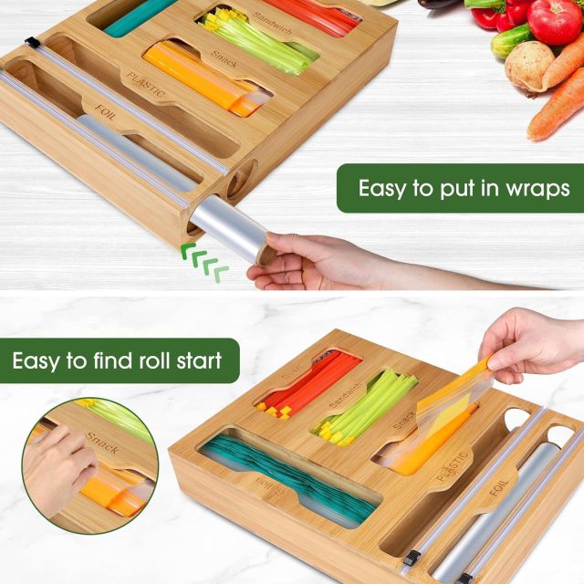 6 IN1 Bamboo Foil and Plastic Wrap Dispenser with Cutter for Kitchen Drawer