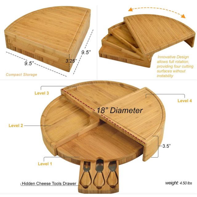 Folding 18 Inch Round Bamboo Rotating Charcuterie Board Set