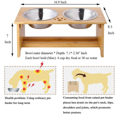 Bamboo Raised Pet Bowls with 2 Stainless Steel Bowls