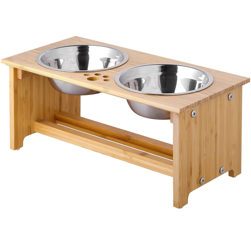 Bamboo Raised Pet Bowls with 2 Stainless Steel Bowls