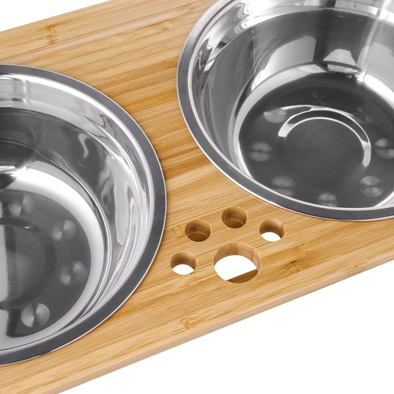 Bamboo Raised Pet Bowls with 2 Stainless Steel Bowls