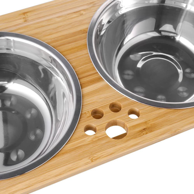 Bamboo Raised Pet Bowls with 2 Stainless Steel Bowls