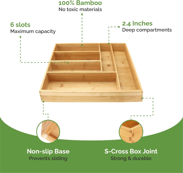 Bamboo Kitchen Drawer Organizer Utensil Organizer Silverware Holder Cutlery Organizer