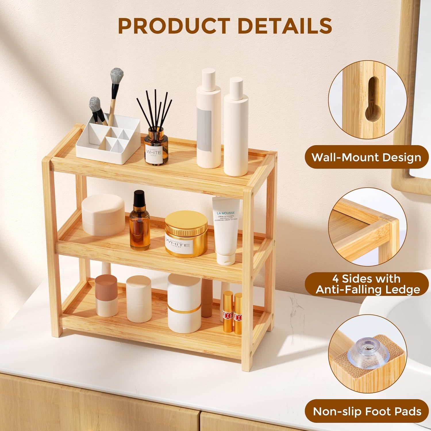 3 Tier Bamboo Storage Shelf Bathroom Countertop Organizer