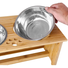 Bamboo Raised Pet Bowls with 2 Stainless Steel Bowls