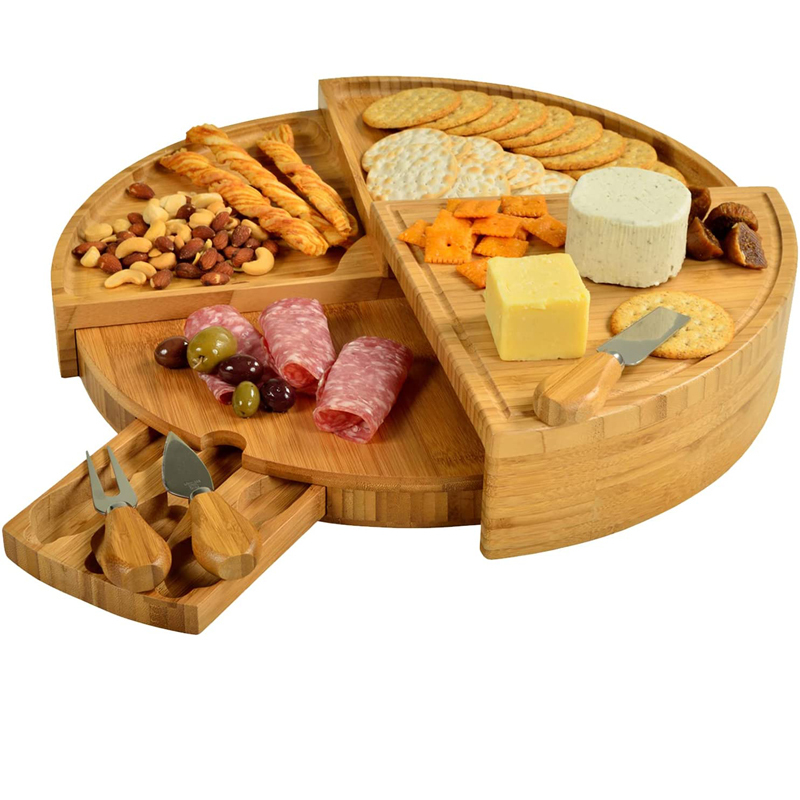 Folding 18 Inch Round Bamboo Rotating Charcuterie Board Set