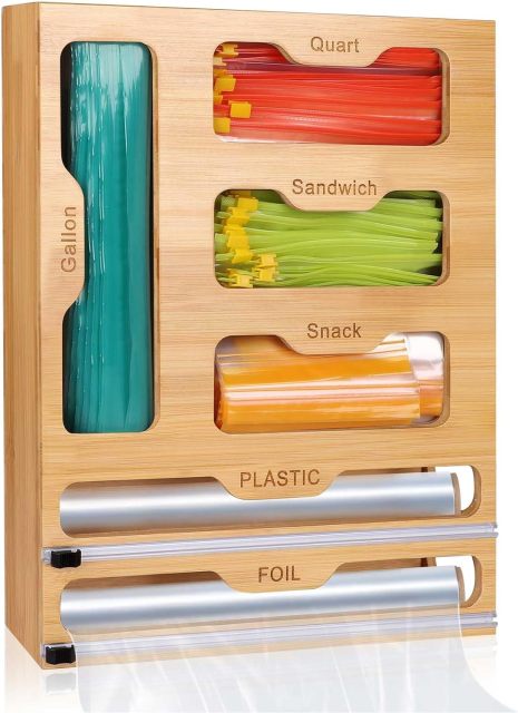 6 IN1 Bamboo Foil and Plastic Wrap Dispenser with Cutter for Kitchen Drawer