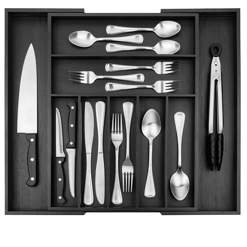 Black Bamboo Knife Drawer Organizer Expandable Cutlery Organizer in Drawer