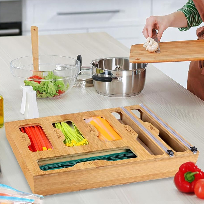 6 IN1 Bamboo Foil and Plastic Wrap Dispenser with Cutter for Kitchen Drawer