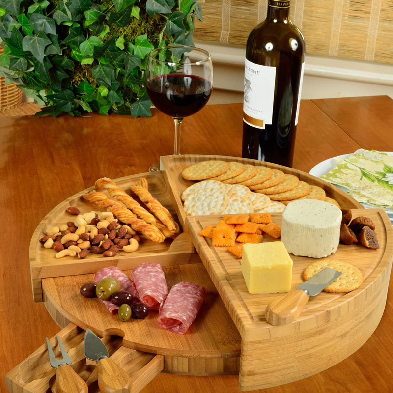 Folding 18 Inch Round Bamboo Rotating Charcuterie Board Set