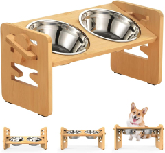 Bamboo Pet Feeder Elevated Dog Bowls Adjustable Raised Dog Bowl