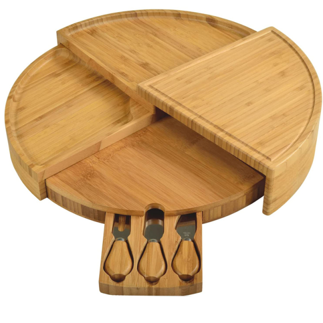Folding 18 Inch Round Bamboo Rotating Charcuterie Board Set