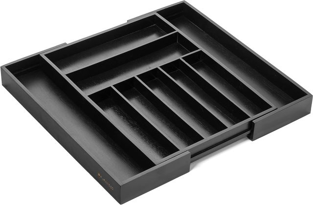 Black Bamboo Knife Drawer Organizer Expandable Cutlery Organizer in Drawer