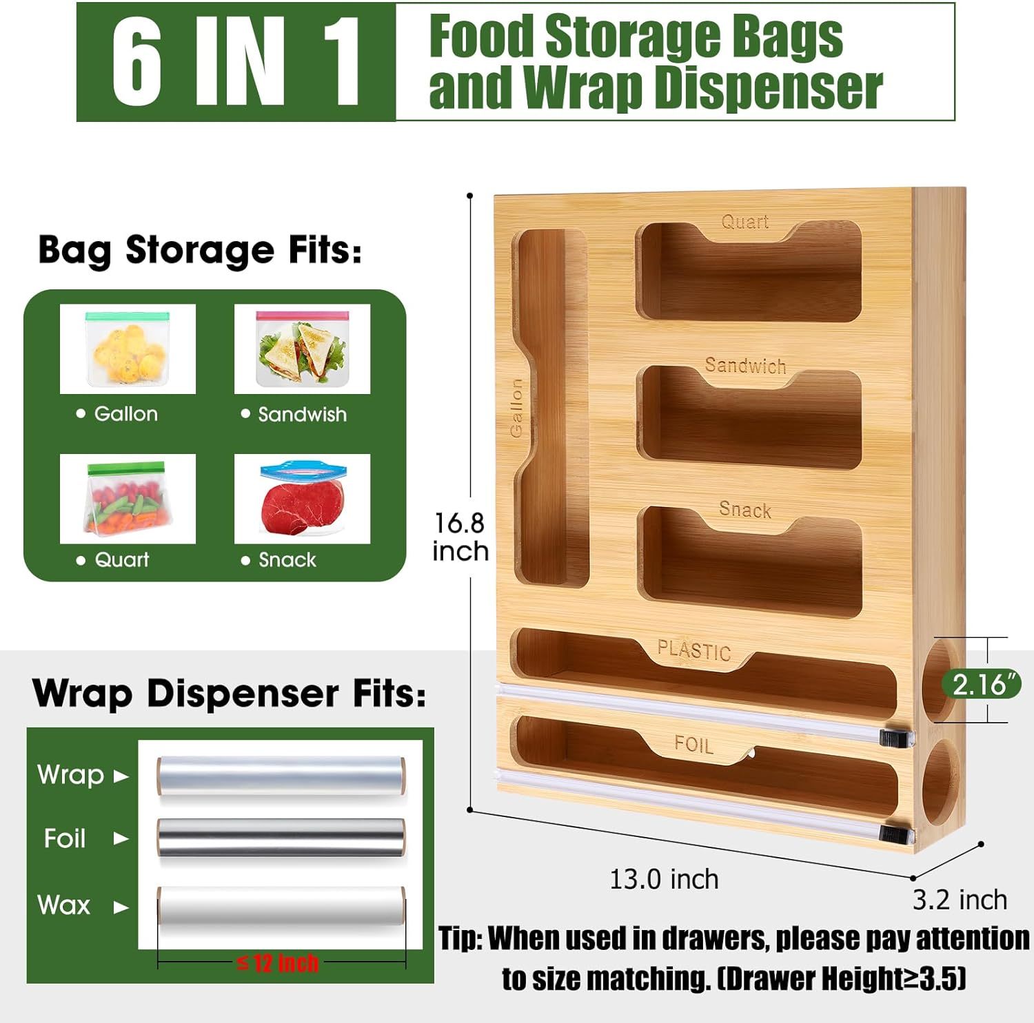 6 IN1 Bamboo Foil and Plastic Wrap Dispenser with Cutter for Kitchen Drawer
