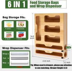 6 IN1 Bamboo Foil and Plastic Wrap Dispenser with Cutter for Kitchen Drawer