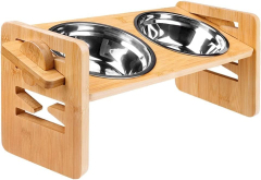 Bamboo Pet Feeder Elevated Dog Bowls Adjustable Raised Dog Bowl