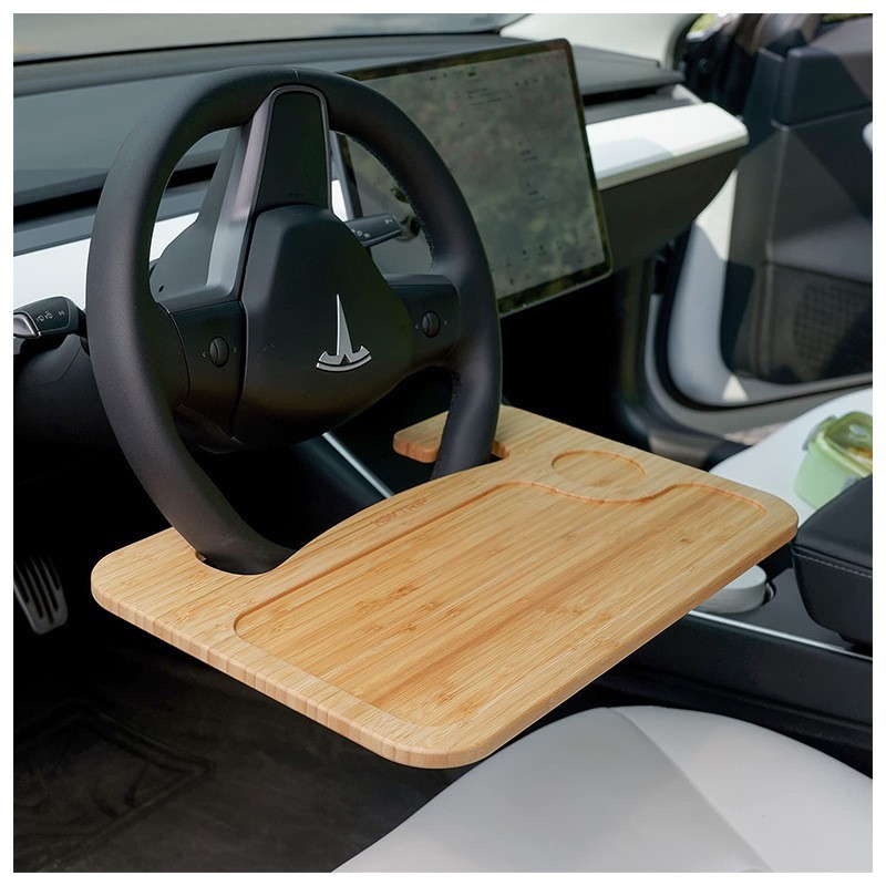Bamboo Double-Sided Steering Wheel Tray with Storage Bag