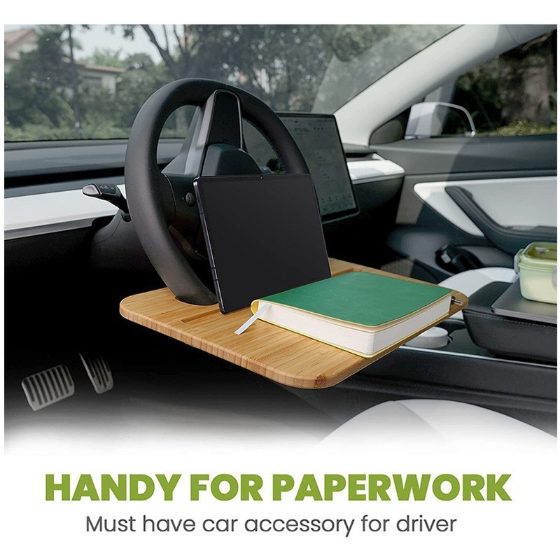 Bamboo Double-Sided Steering Wheel Tray with Storage Bag