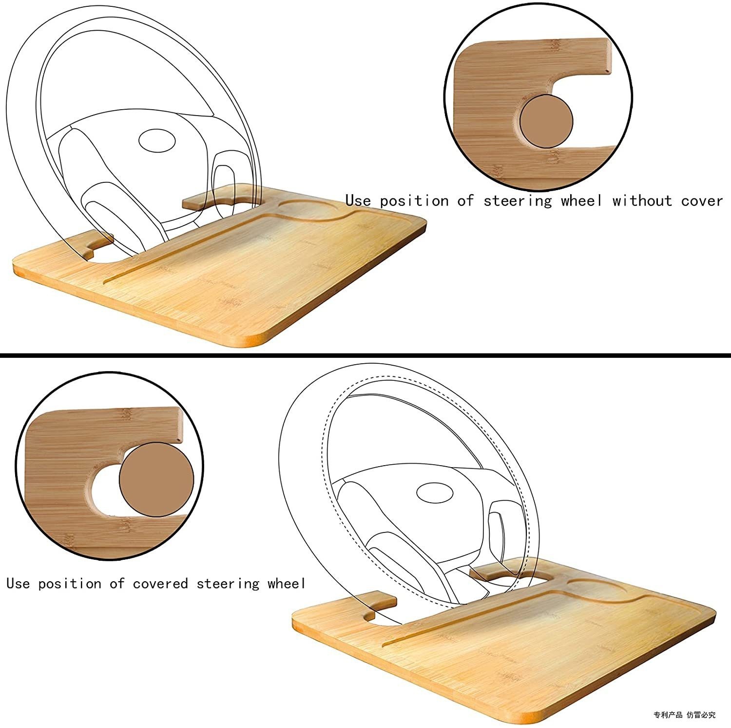 Bamboo Double-Sided Steering Wheel Tray with Storage Bag