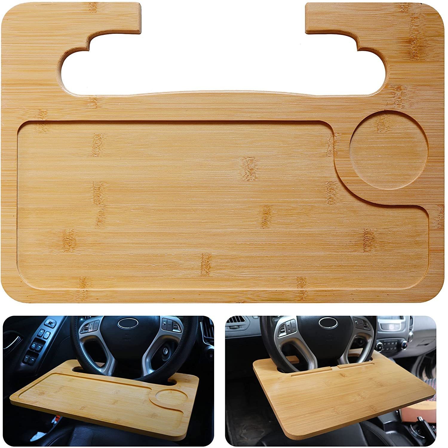 Bamboo Double-Sided Steering Wheel Tray with Storage Bag