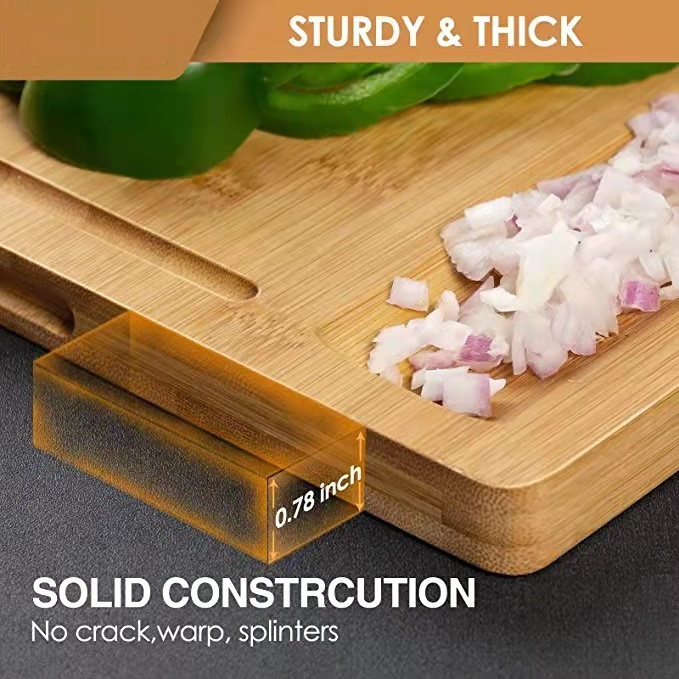 Large Bamboo Chopping Board Set of 3 Built-In 3 Compartments