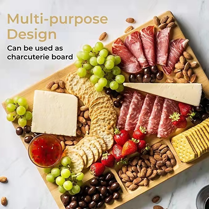 Large Bamboo Chopping Board with Built-In 3 Compartments