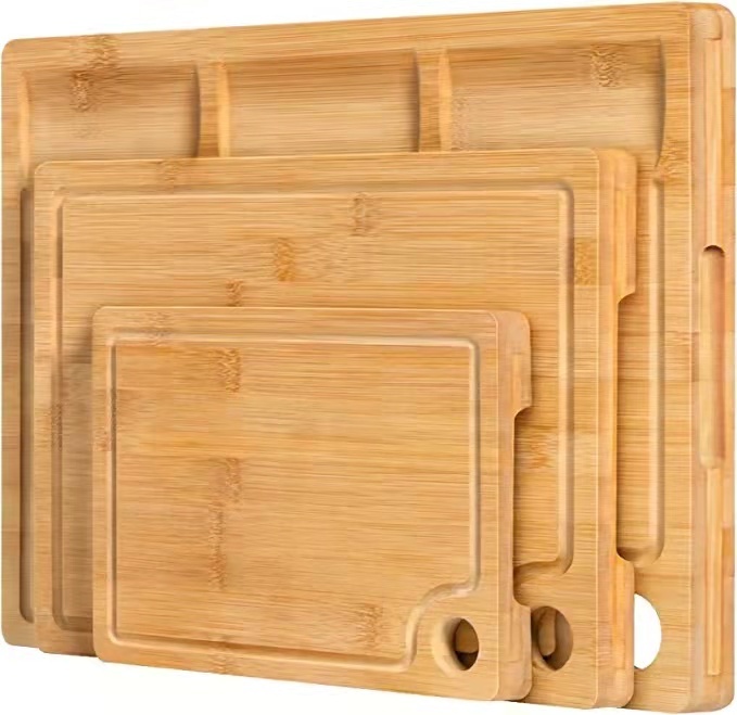 Large Bamboo Chopping Board Set of 3 Built-In 3 Compartments