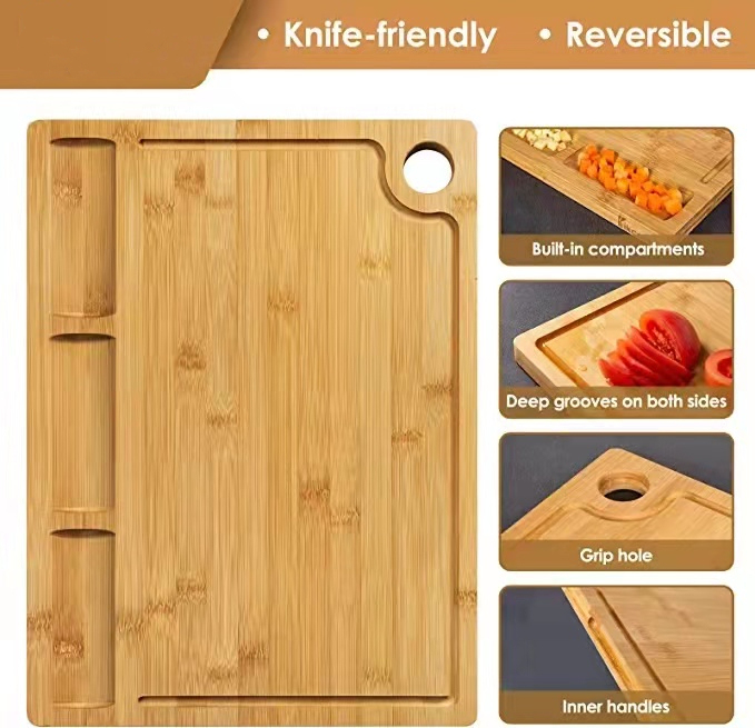 Large Bamboo Chopping Board Set of 3 Built-In 3 Compartments