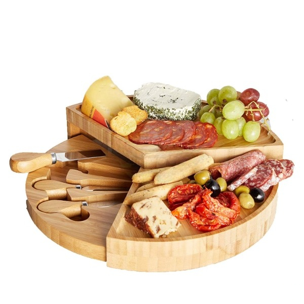 Bamboo Folding 13 Inch Round Rotating Charcuterie Board Set