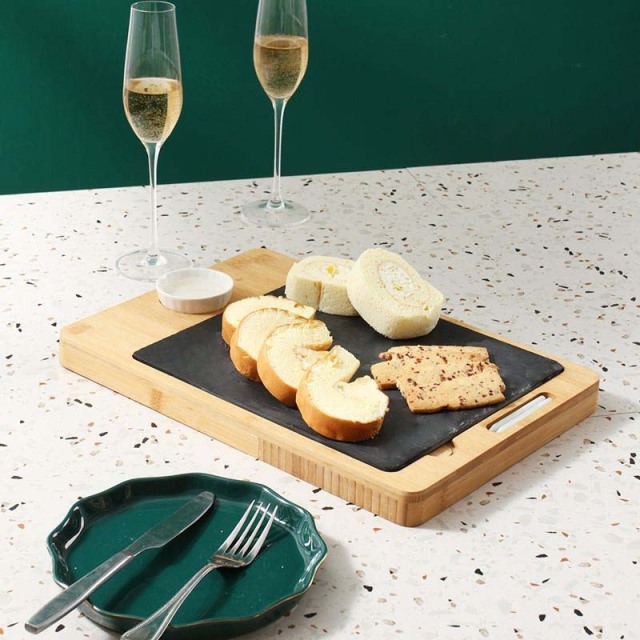 Bamboo Wide Charcuterie Platter with Removable Slate Cheese Plate