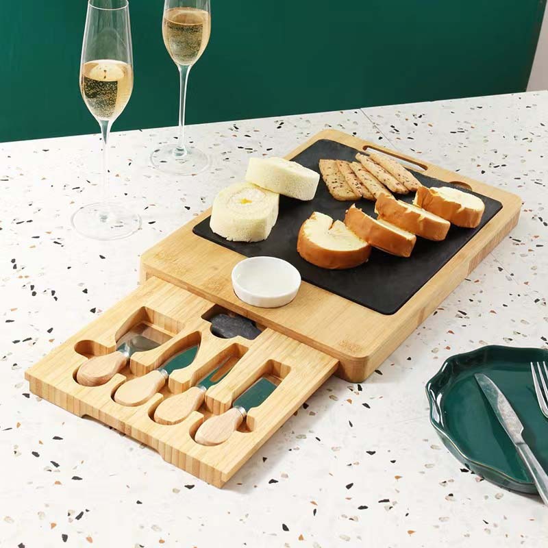 Bamboo Wide Charcuterie Platter with Removable Slate Cheese Plate