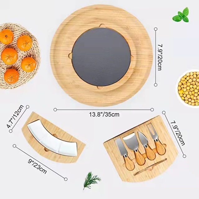 Bamboo Cheese Board Set Charcuterie Platter Serving Tray with Ceramic Bowls