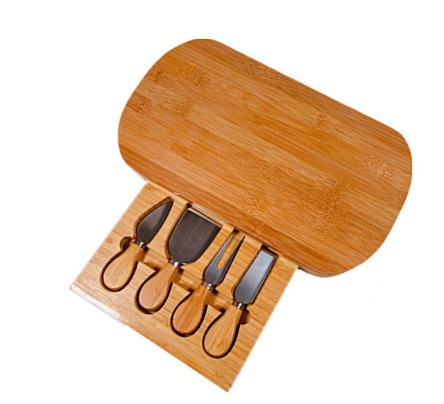 Small Bamboo Cheese Board Set with 4 Knives and Slide Out Drawer