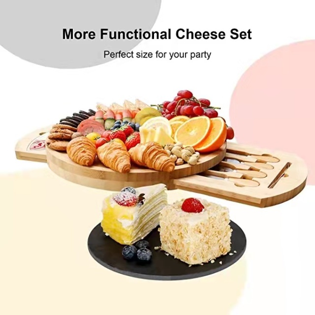 Bamboo Cheese Board Set Charcuterie Platter Serving Tray with Ceramic Bowls