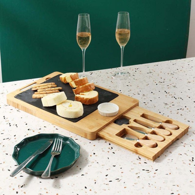 Bamboo Wide Charcuterie Platter with Removable Slate Cheese Plate