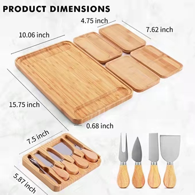 Bamboo Cheese Board 5 Piece Large Charcuterie Boards and Knife Set