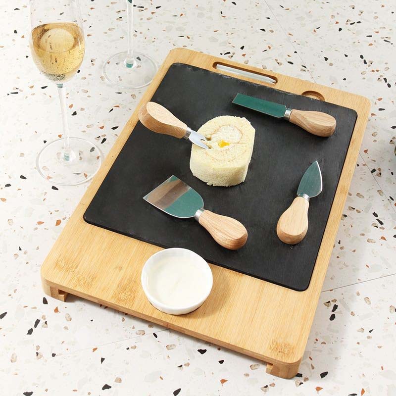 Bamboo Wide Charcuterie Platter with Removable Slate Cheese Plate