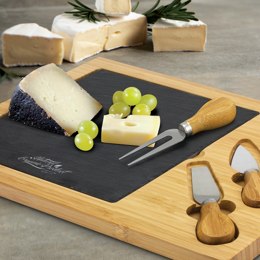 Premium Organic Bamboo Cheese Board with Large Slate Removable Slate Cheese Plate