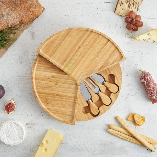 Bamboo Folding 13 Inch Round Rotating Charcuterie Board Set