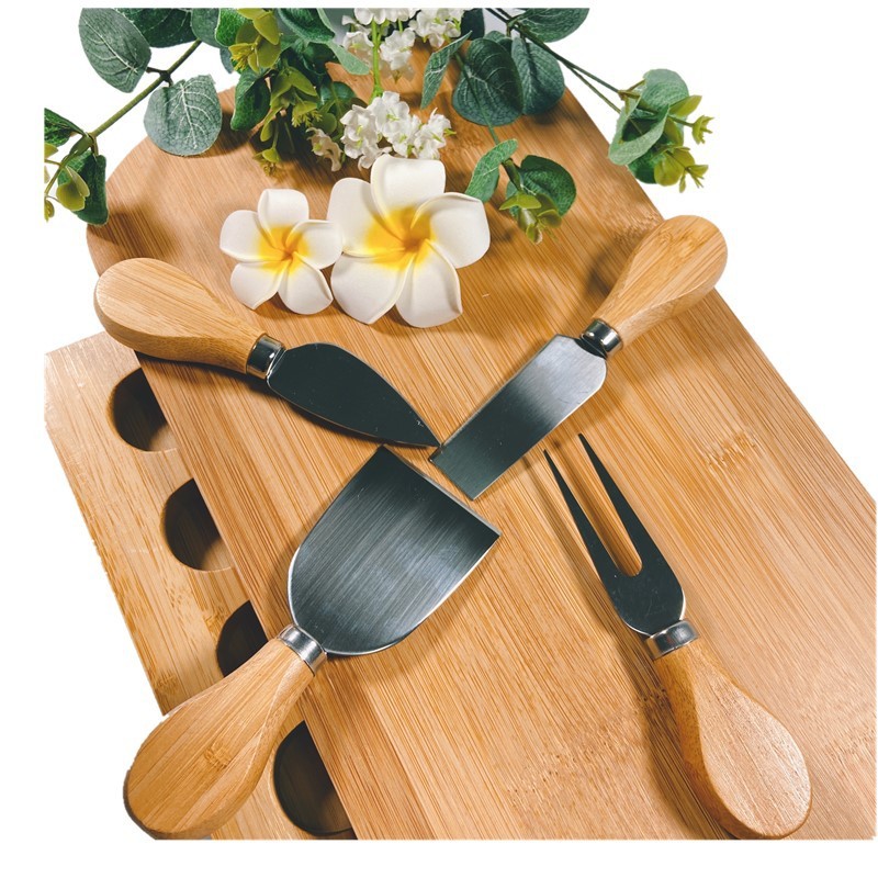 Small Bamboo Cheese Board Set with 4 Knives and Slide Out Drawer