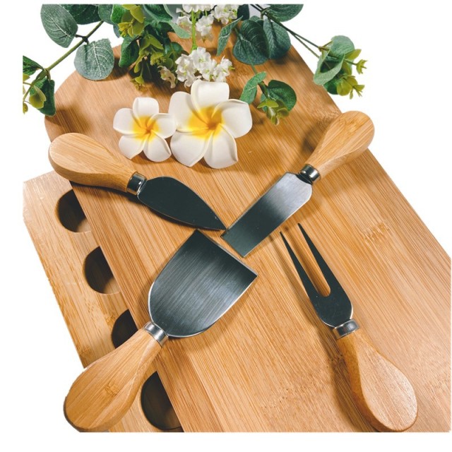 Small Bamboo Cheese Board Set with 4 Knives and Slide Out Drawer