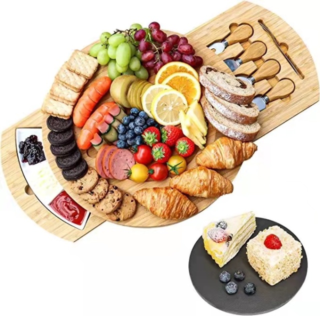 Bamboo Cheese Board Set Charcuterie Platter Serving Tray with Ceramic Bowls