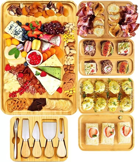 Bamboo Cheese Board 5 Piece Large Charcuterie Boards and Knife Set