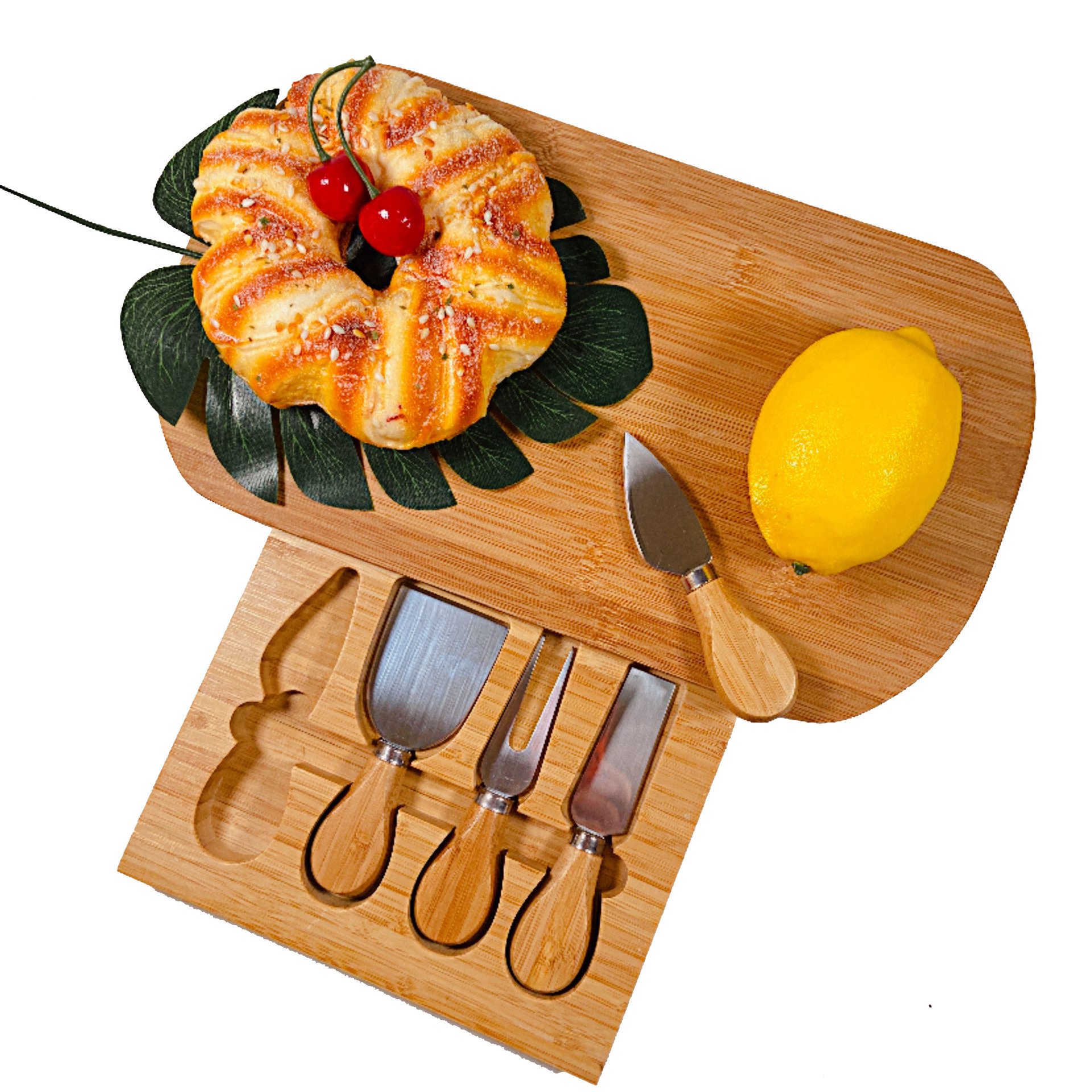 Small Bamboo Cheese Board Set with 4 Knives and Slide Out Drawer