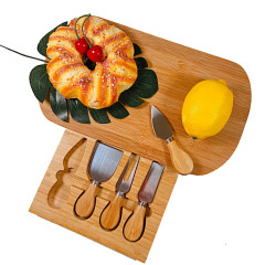 Small Bamboo Cheese Board Set with 4 Knives and Slide Out Drawer